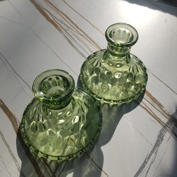 Vintage Green Glass Candle Stick Holders Set of 2 - Picture 5 of 6